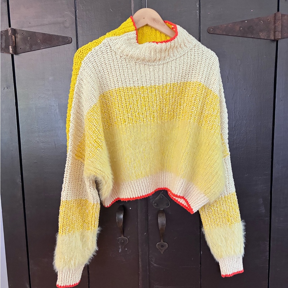 Free People Yellow and Cream Striped Cowl Neck Sweater with Orange Trim